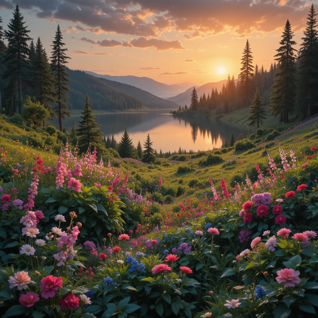 Peaceful forest lake with flowers at colorful sunset