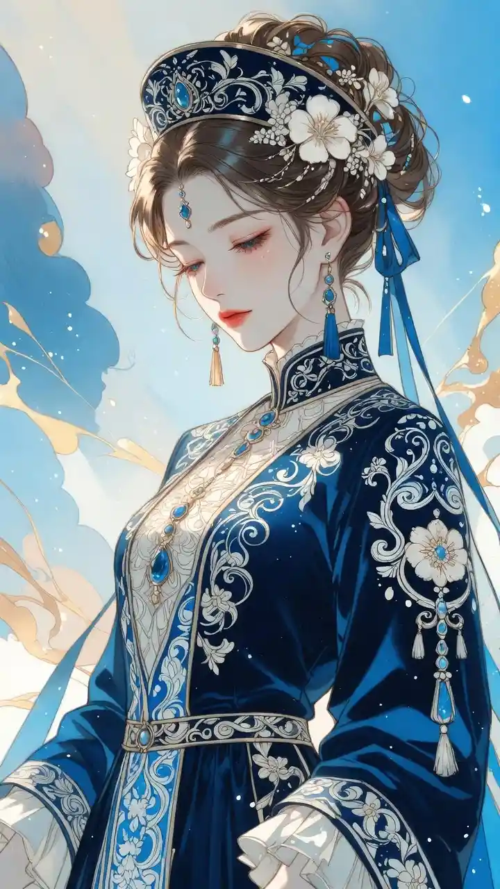 Fantasy woman in ornate gzhel inspired attire