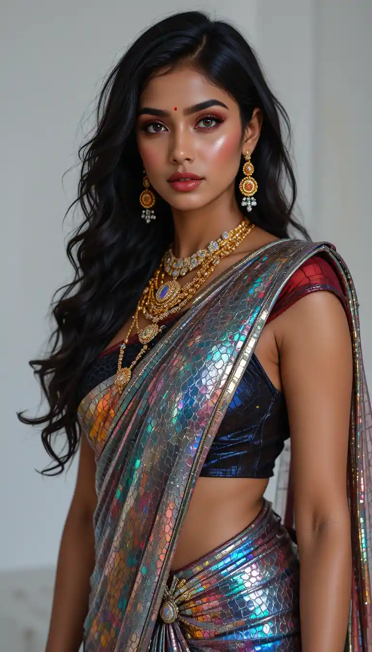 Indian woman in glossy black geometric saree with bare midriff