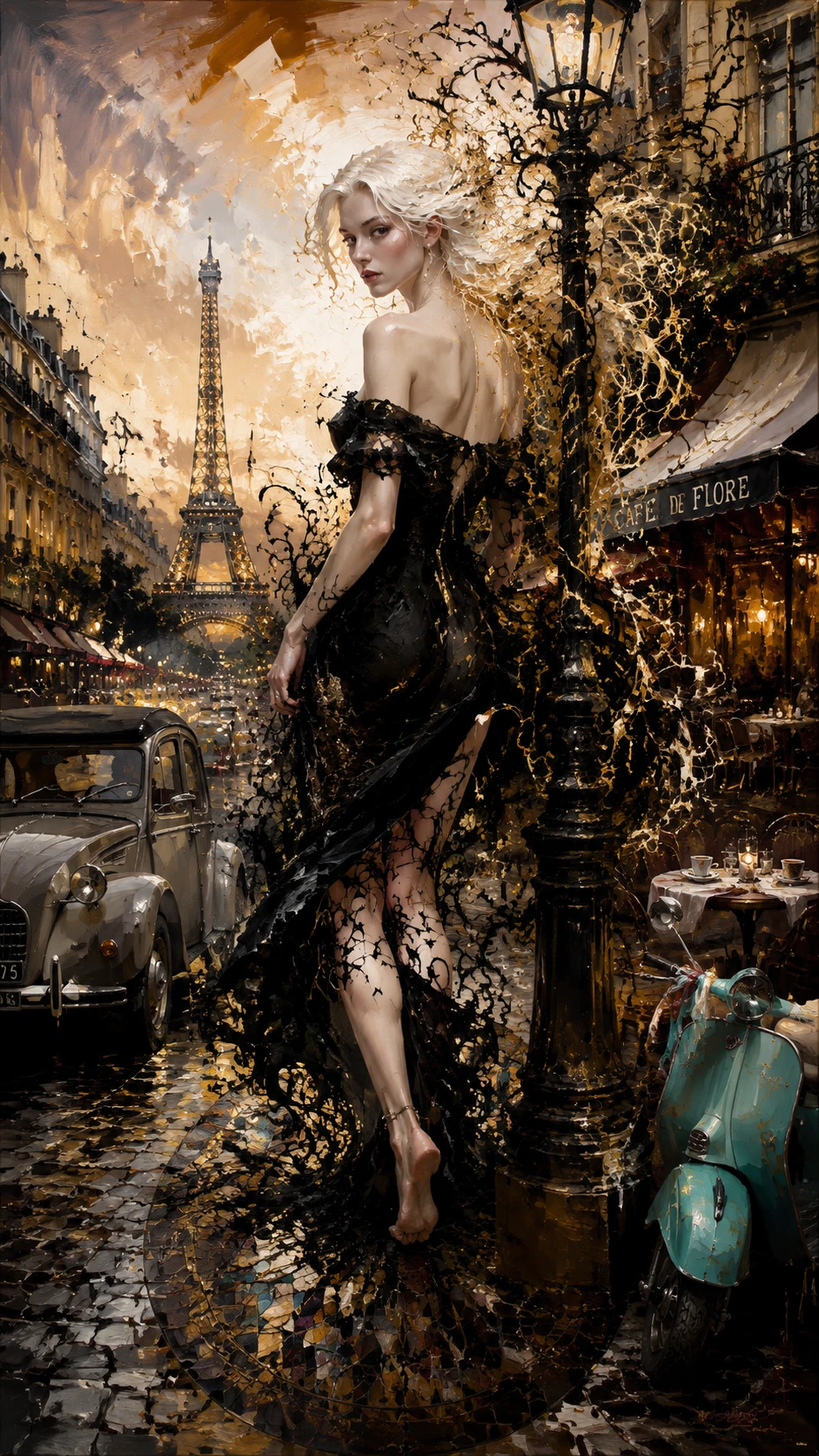 Surreal woman walking on a twilight Parisian cobblestone street