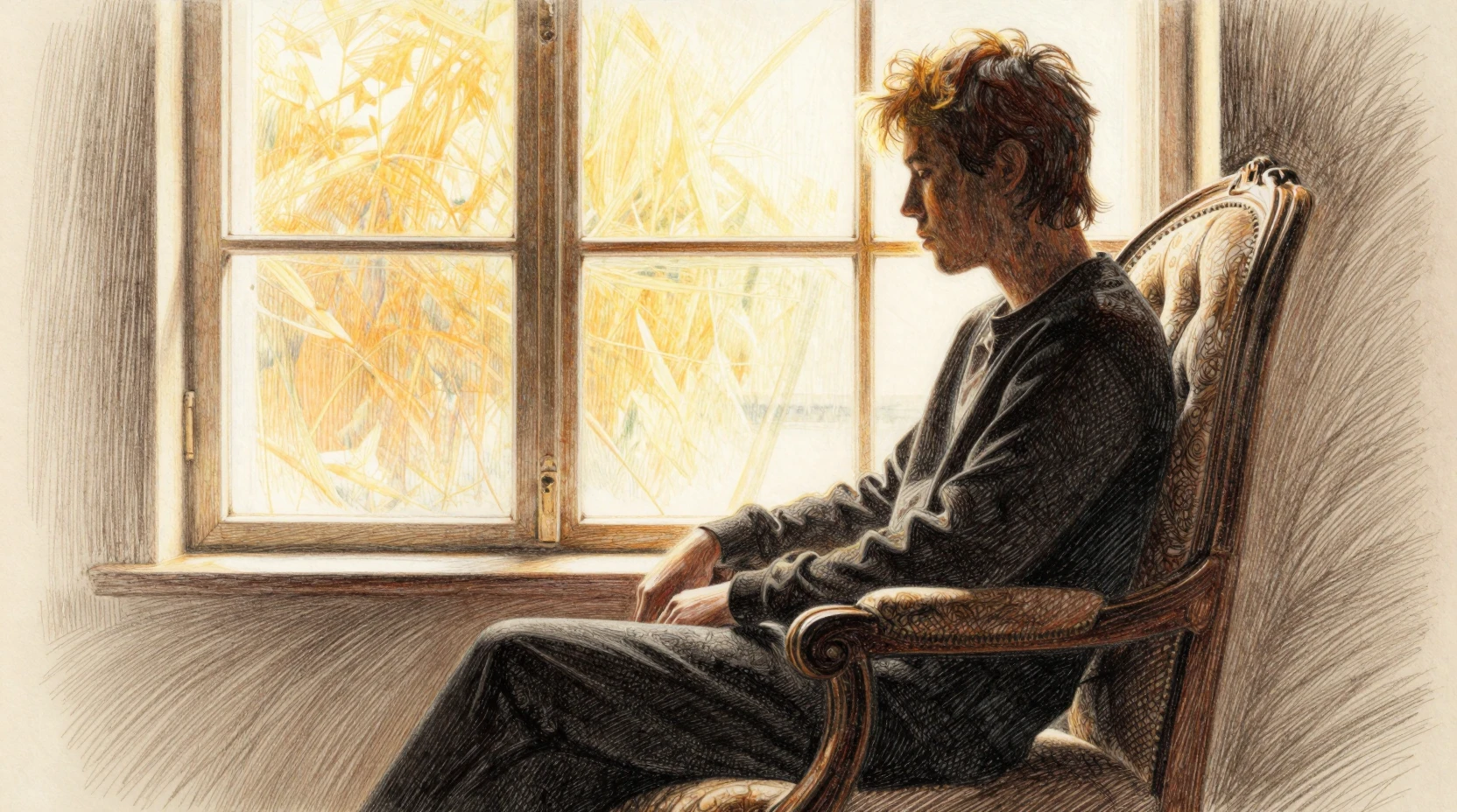 Silhouetted figure in a high backed chair before glowing window