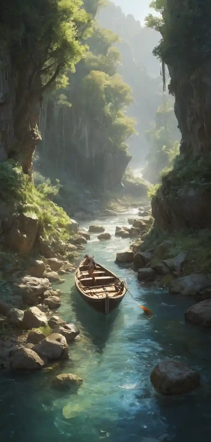 Playful fantasy creature in a surreal dreamlike river scene