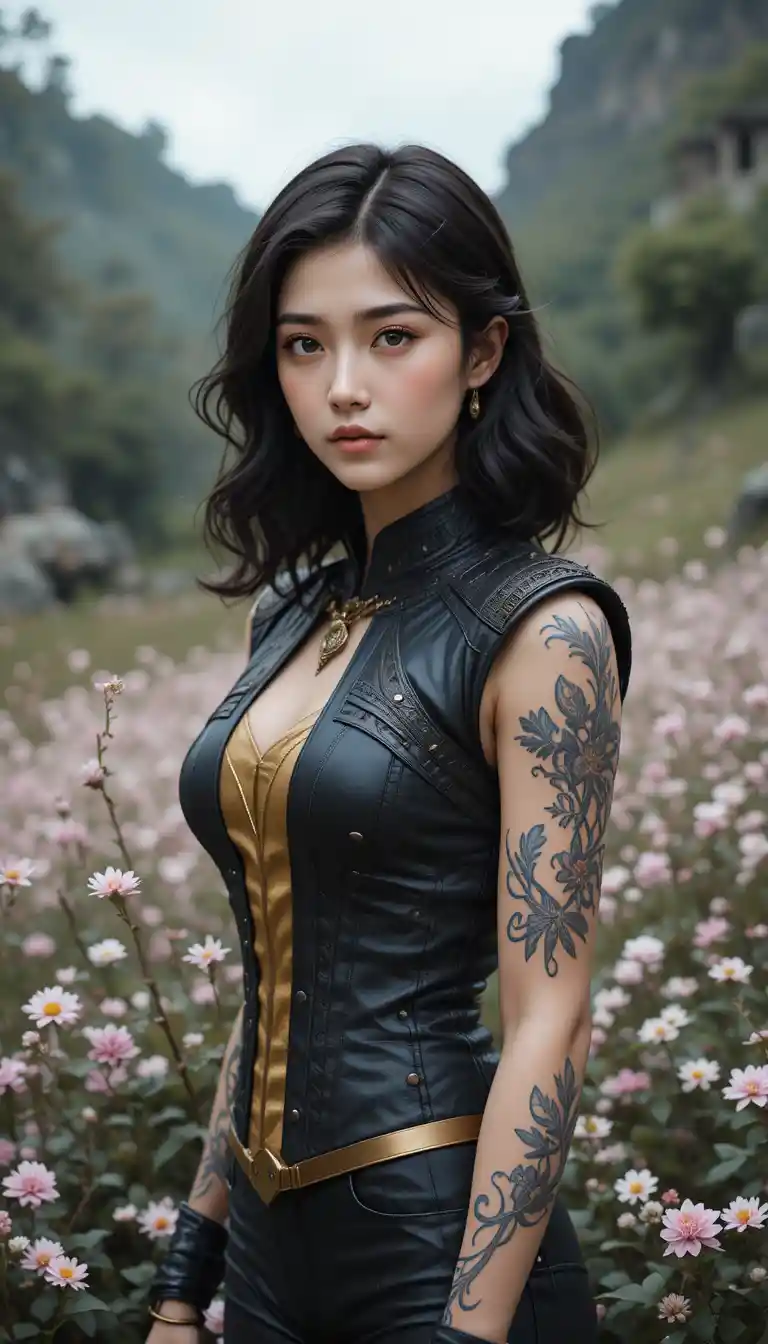 Thoughtful young woman in dark jacket among wildflowers