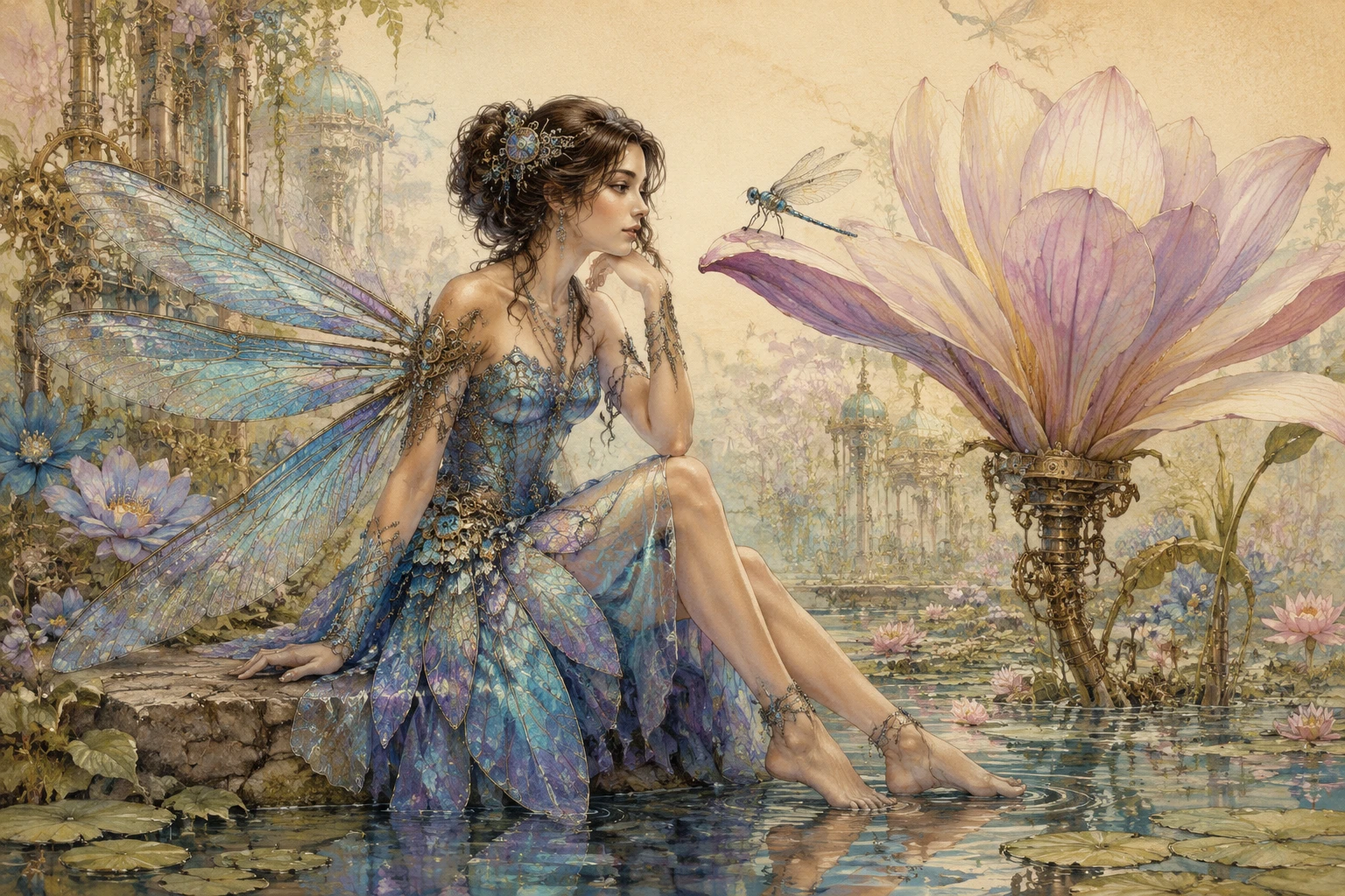 Whimsical girl with dragonfly wings in a flowerpunk pond