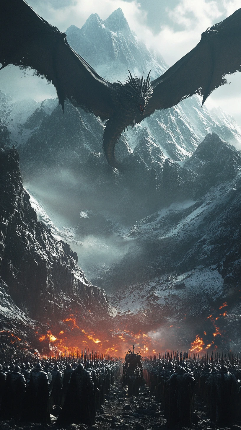 Dragon Dominates Fantasy Battlefield Beneath Snow Capped Mountain