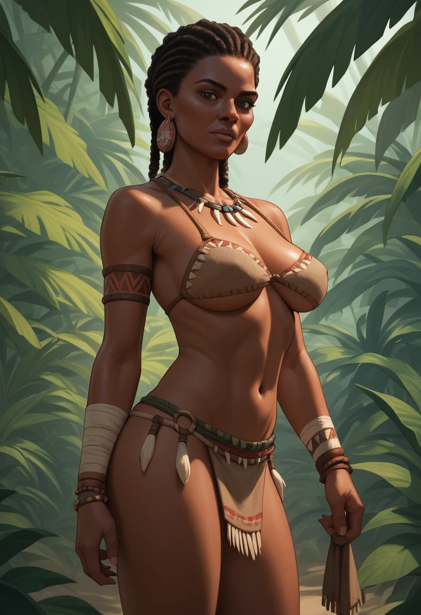 Black tribesman standing in a tropical jungle setting