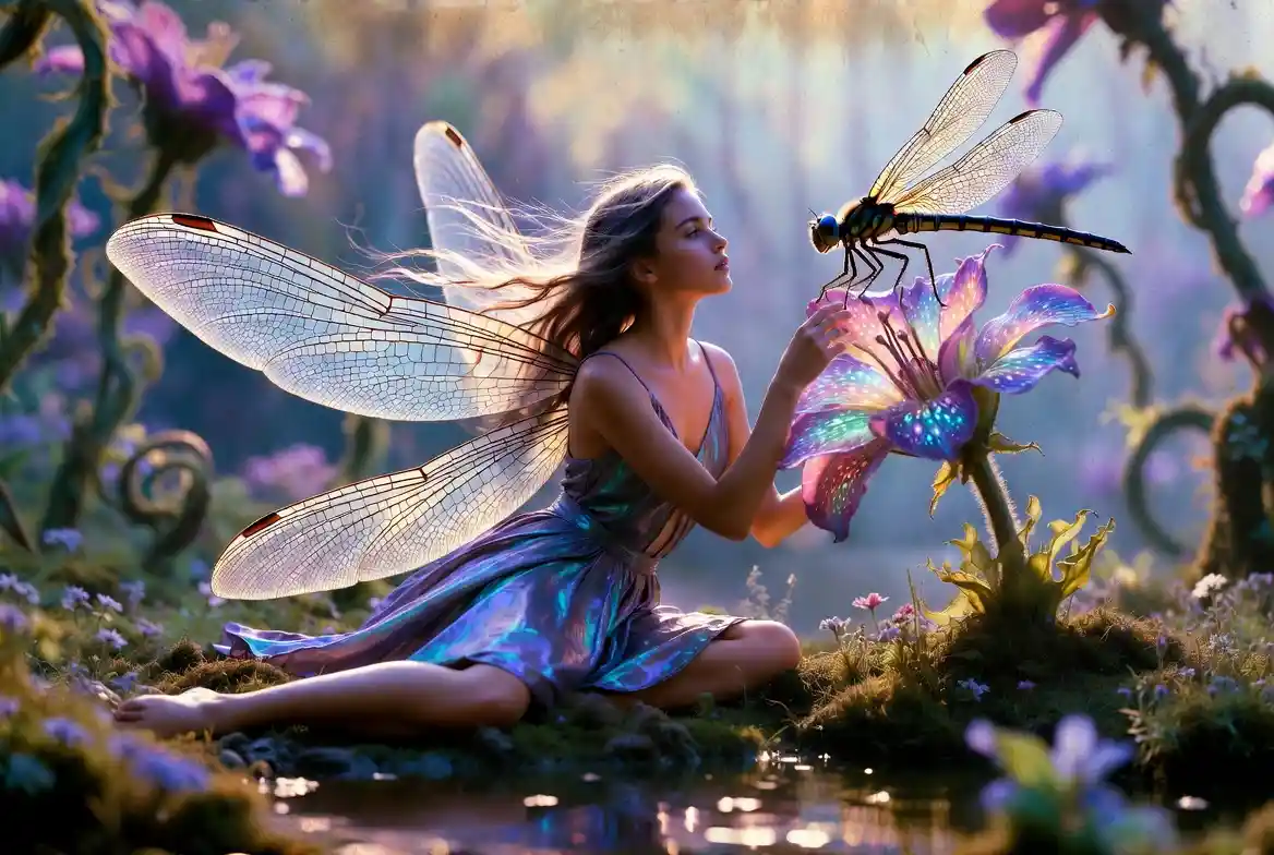 Woman in dragonfly dress by giant flower and pond