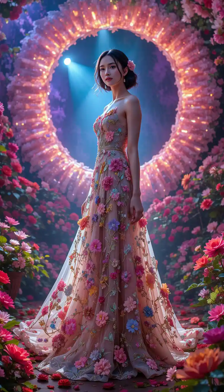 Woman in embroidered spring dress standing in flower ring