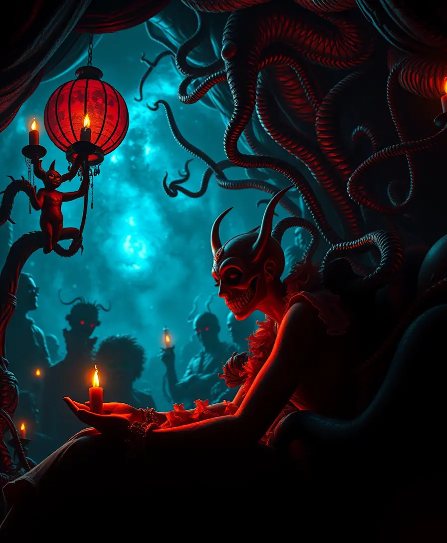 Surreal fantasy characters in a dark cinematic dreamscape