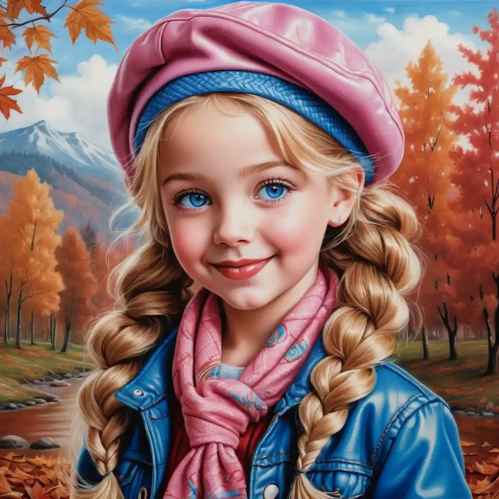 Smiling blonde girl in pink beret autumn portrait drawing