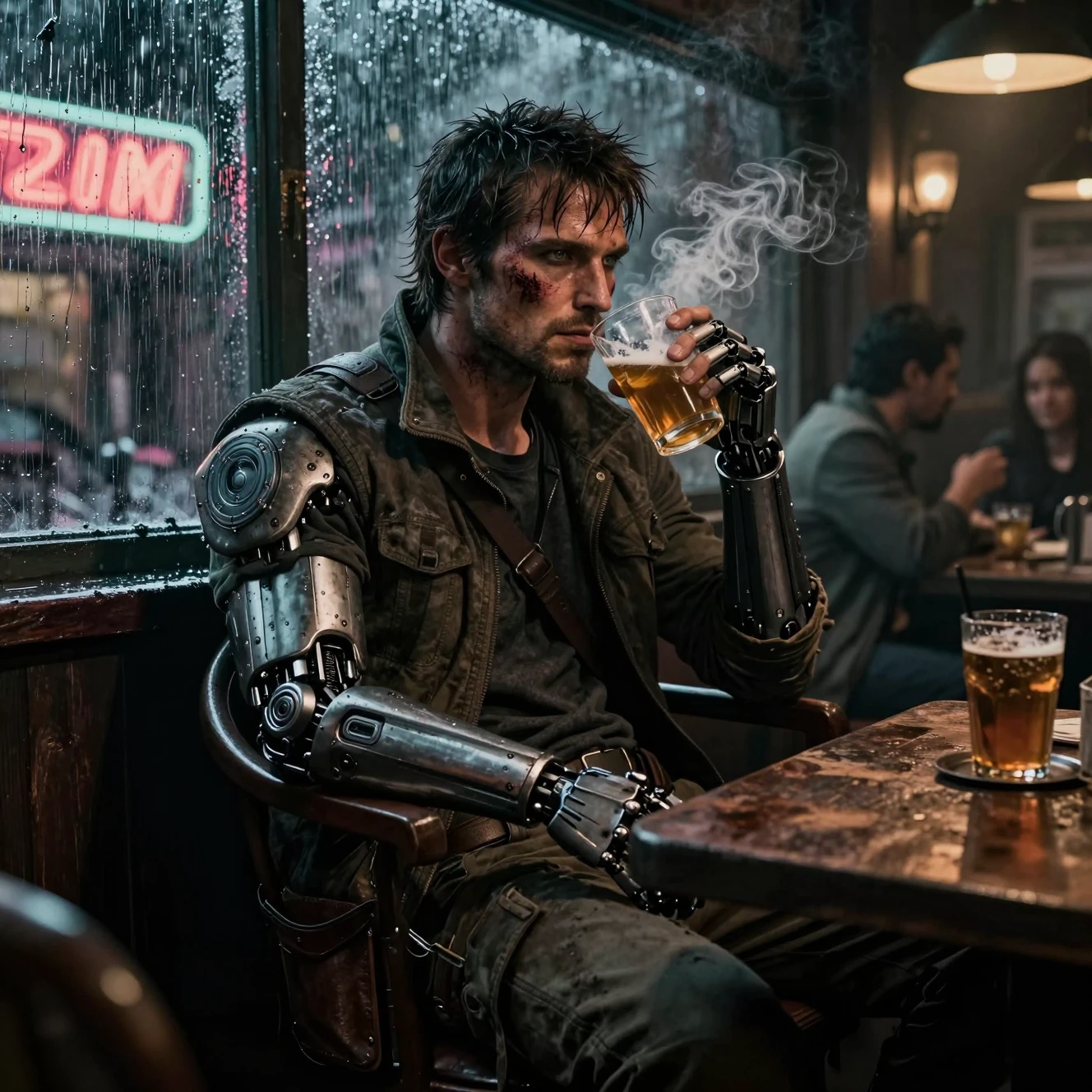 Scarred bounty hunter in a rainy neon lit tavern