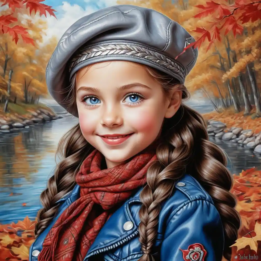 Smiling autumn girl with long curly hair in beret