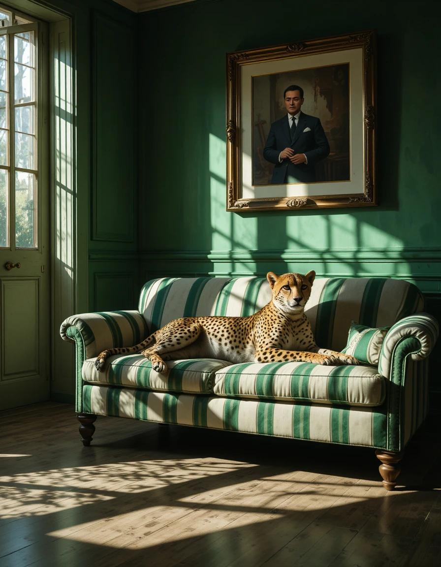 Cheetah lounging on striped couch in a sunlit green room