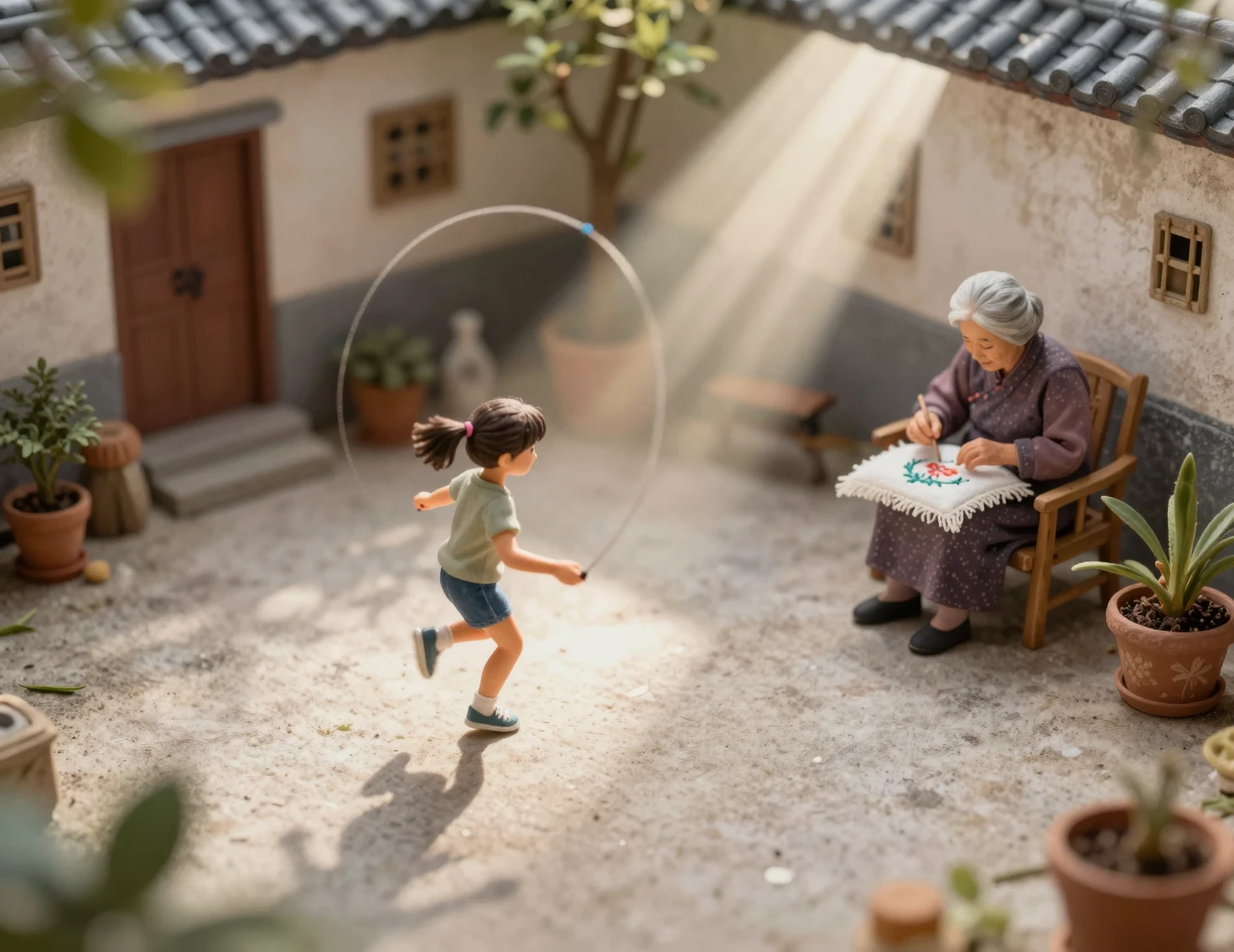 Girl jumping rope in a sunlit courtyard with grandmother nearby