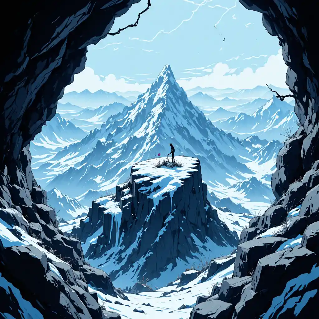 Small skeleton frozen among towering mountain rocks