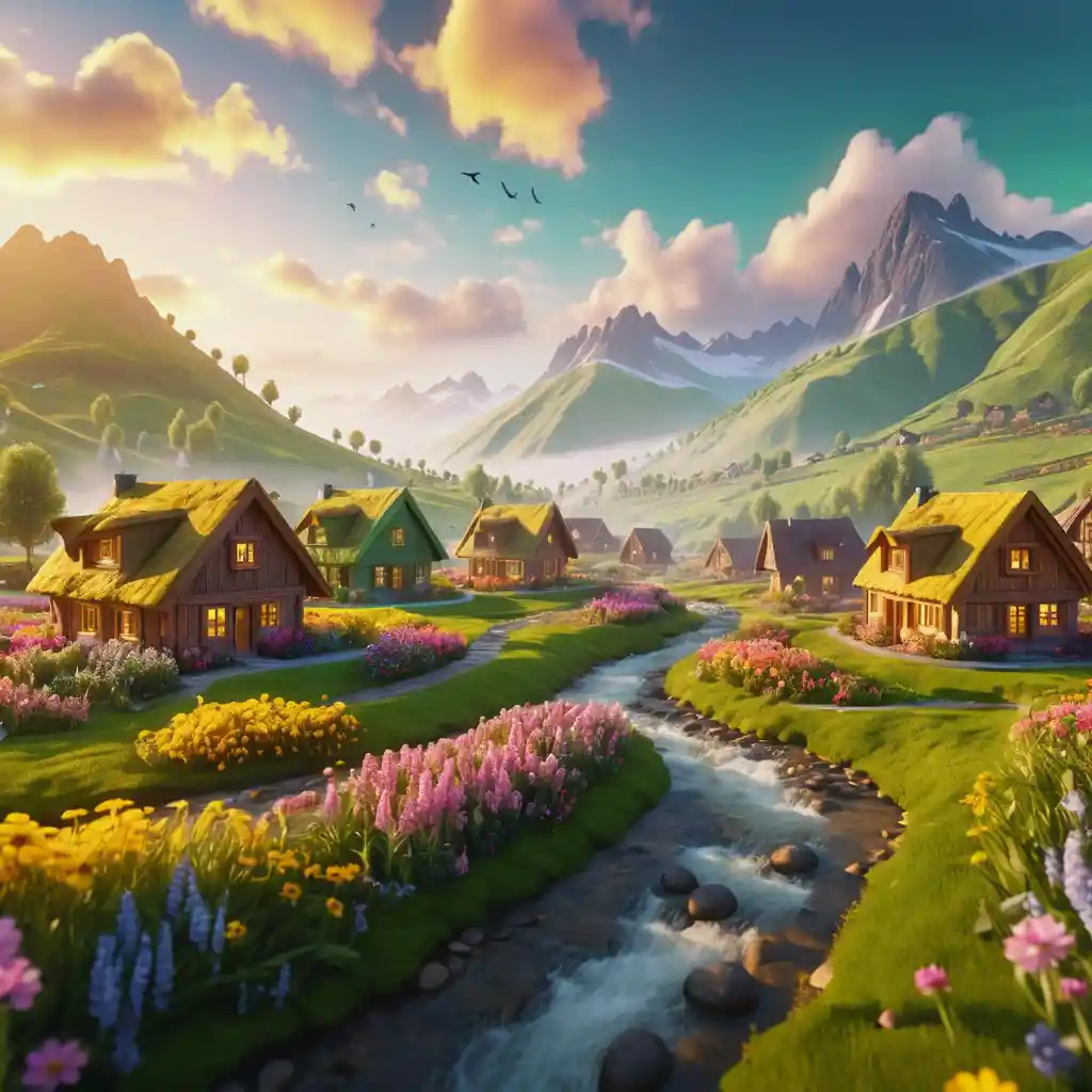 Cinematic mountain valley with river at dreamy sunrise