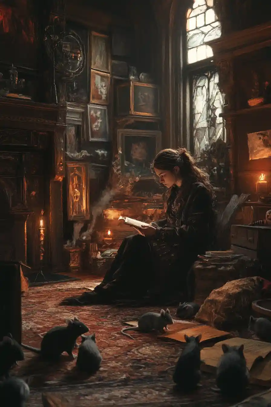 Woman with pet rats in a dim victorian home interior