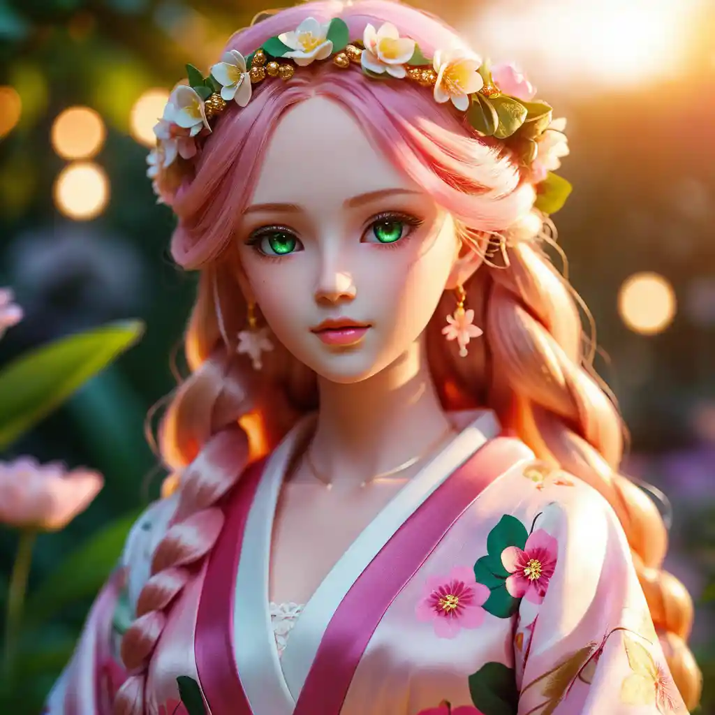 Anime doll girl in floral kimono at golden sunset
