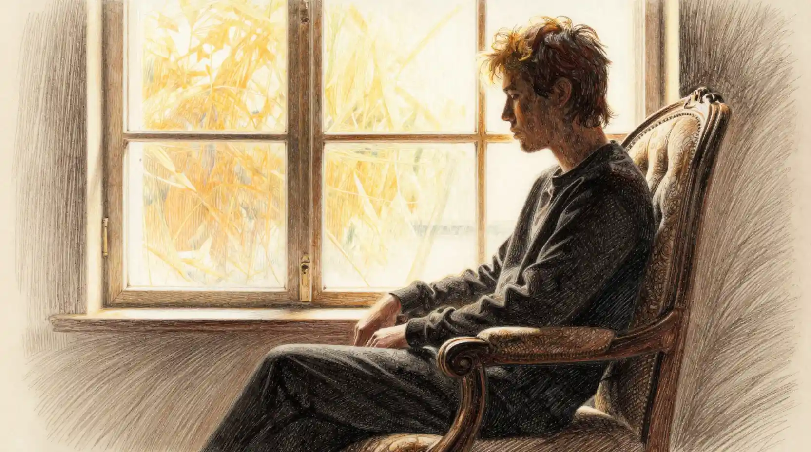 Silhouetted figure in a high backed chair before glowing window