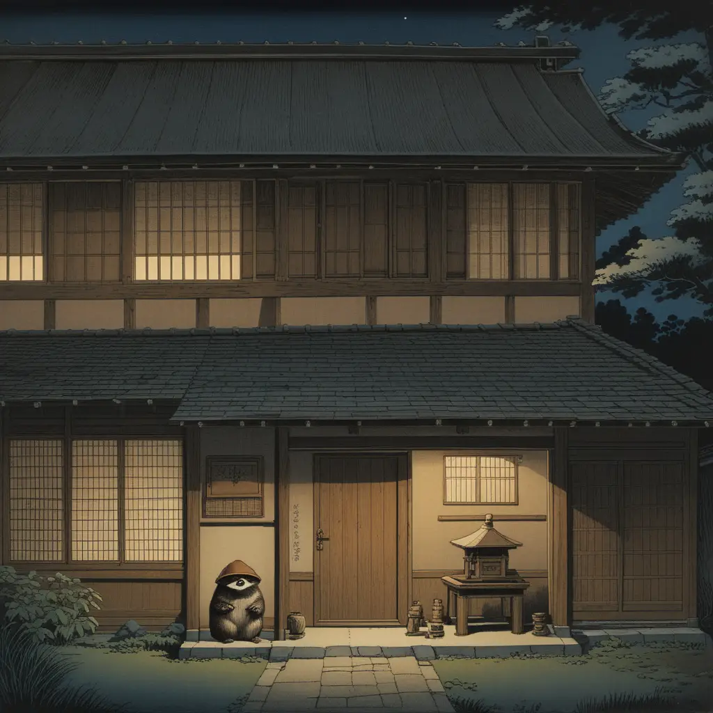 Ukiyo e night view of a traditional japanese guesthouse