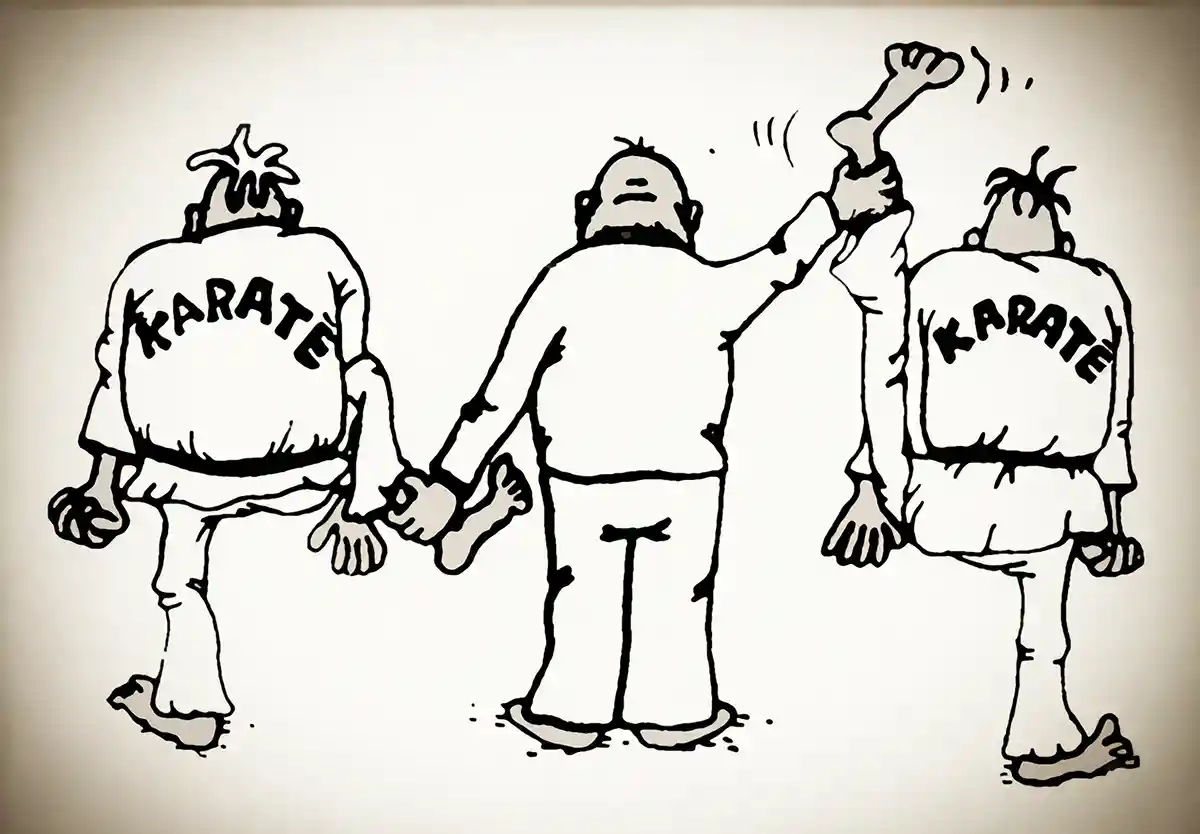 Humorous Cartoon Of Karate Fighters And Referee In Rear View