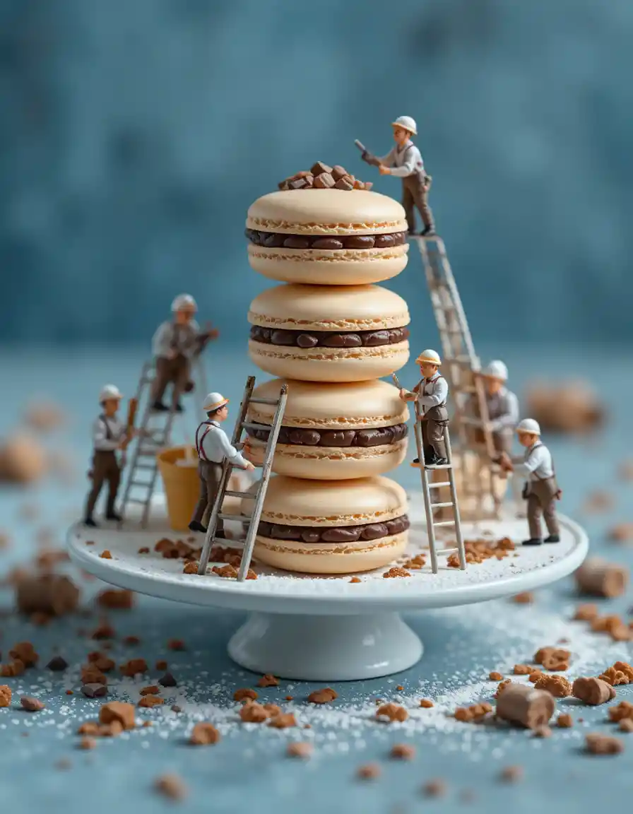 Miniature workers decorating macarons in a dreamy blue scene