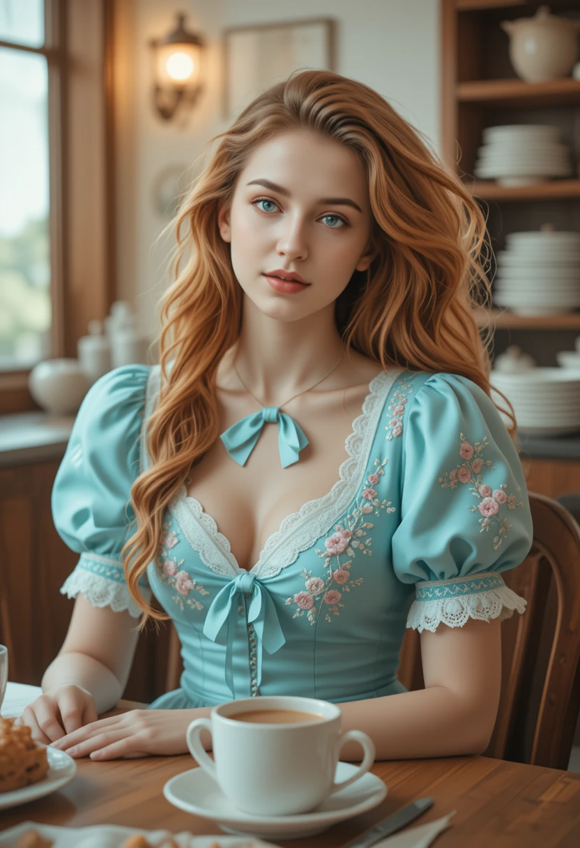 Smiling young woman in vintage turquoise dress at table