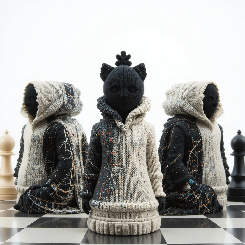 Chess pieces in knitted sweatshirts on the game board