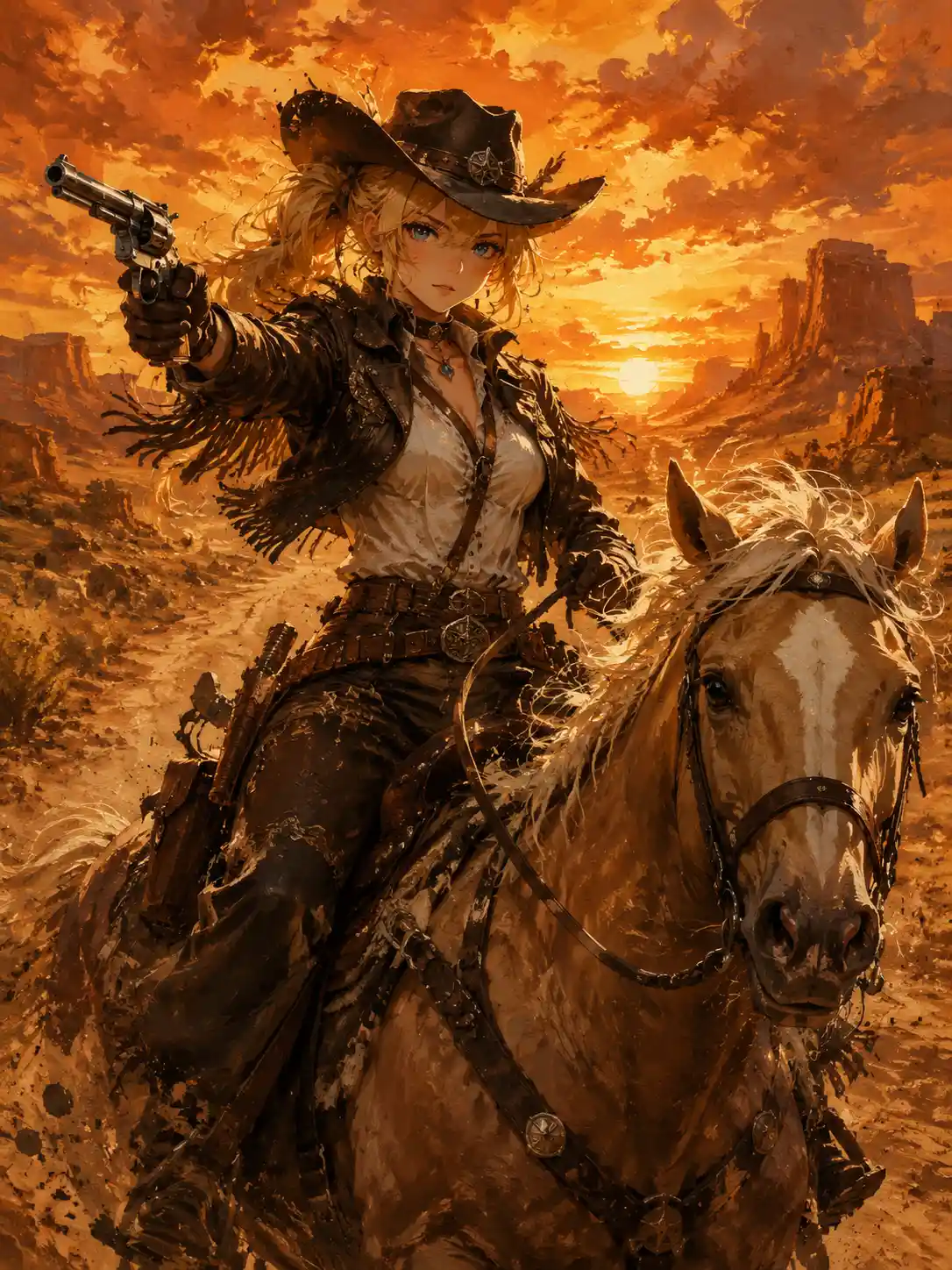 Cowgirl warrior riding through a fiery desert sunset