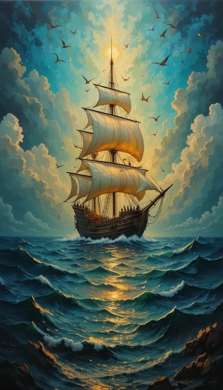 Surreal glowing sailboat drifting across a mystical sea