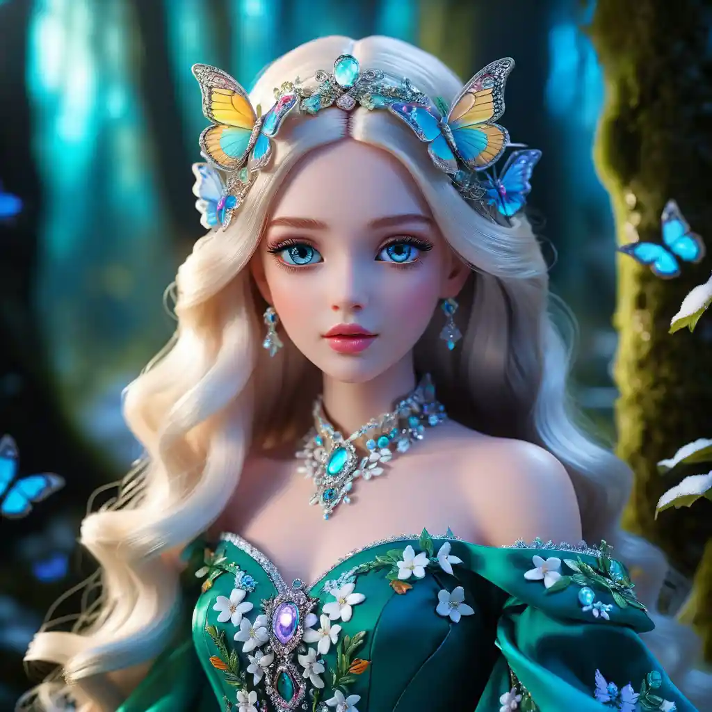 Enchanting fantasy doll girl in a glowing forest