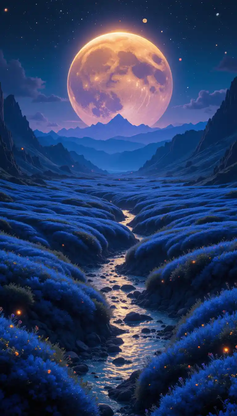 Valle fluviale aliena sotto una luminosa luna dorata