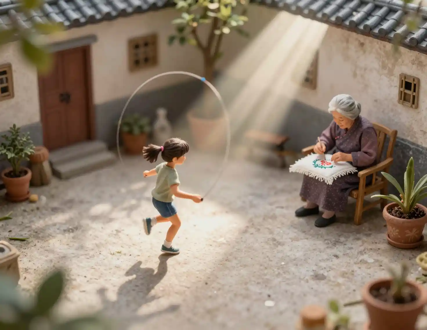 Girl jumping rope in a sunlit courtyard with grandmother nearby