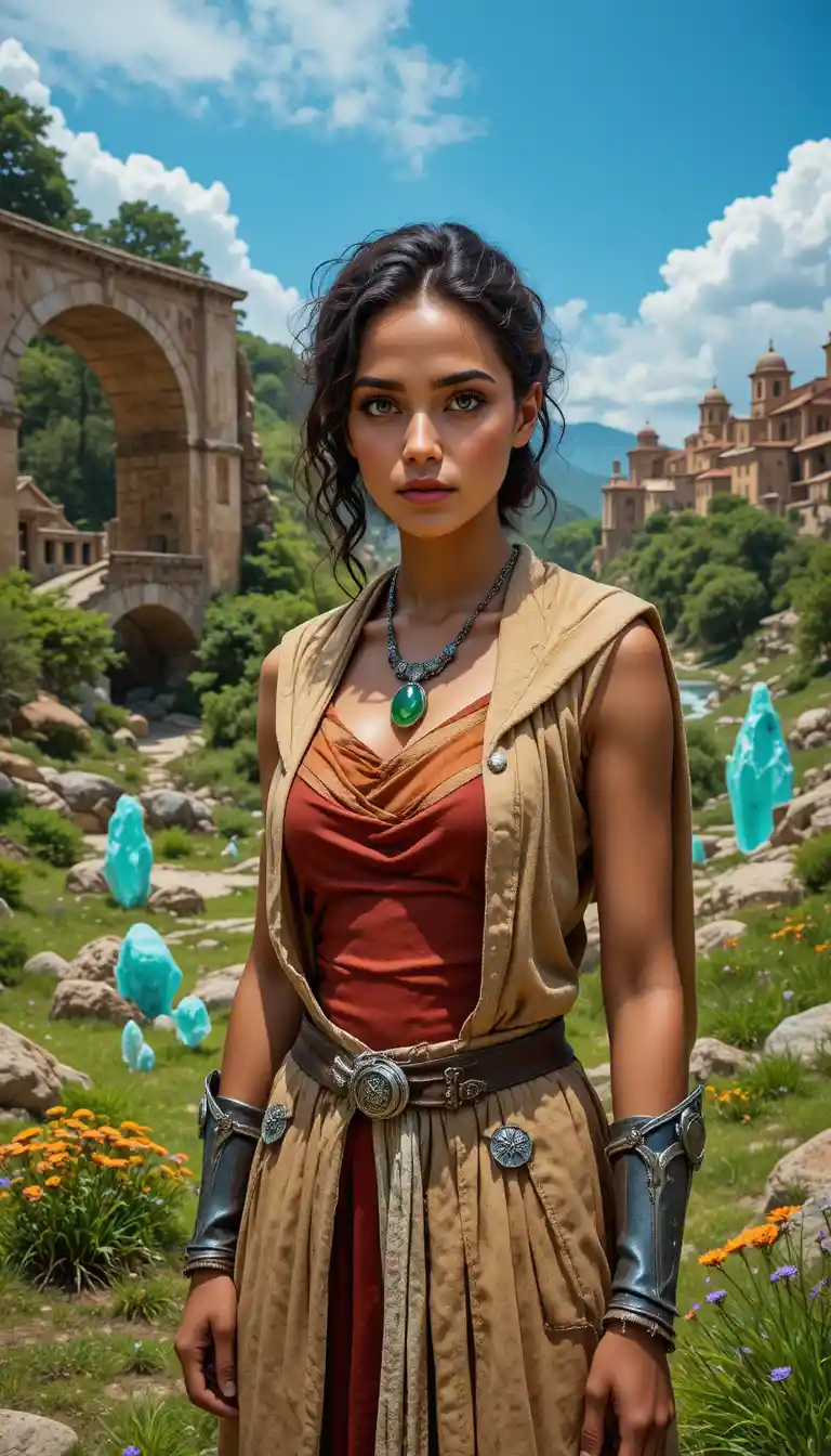 Young woman in hooded garb before ancient fantasy city