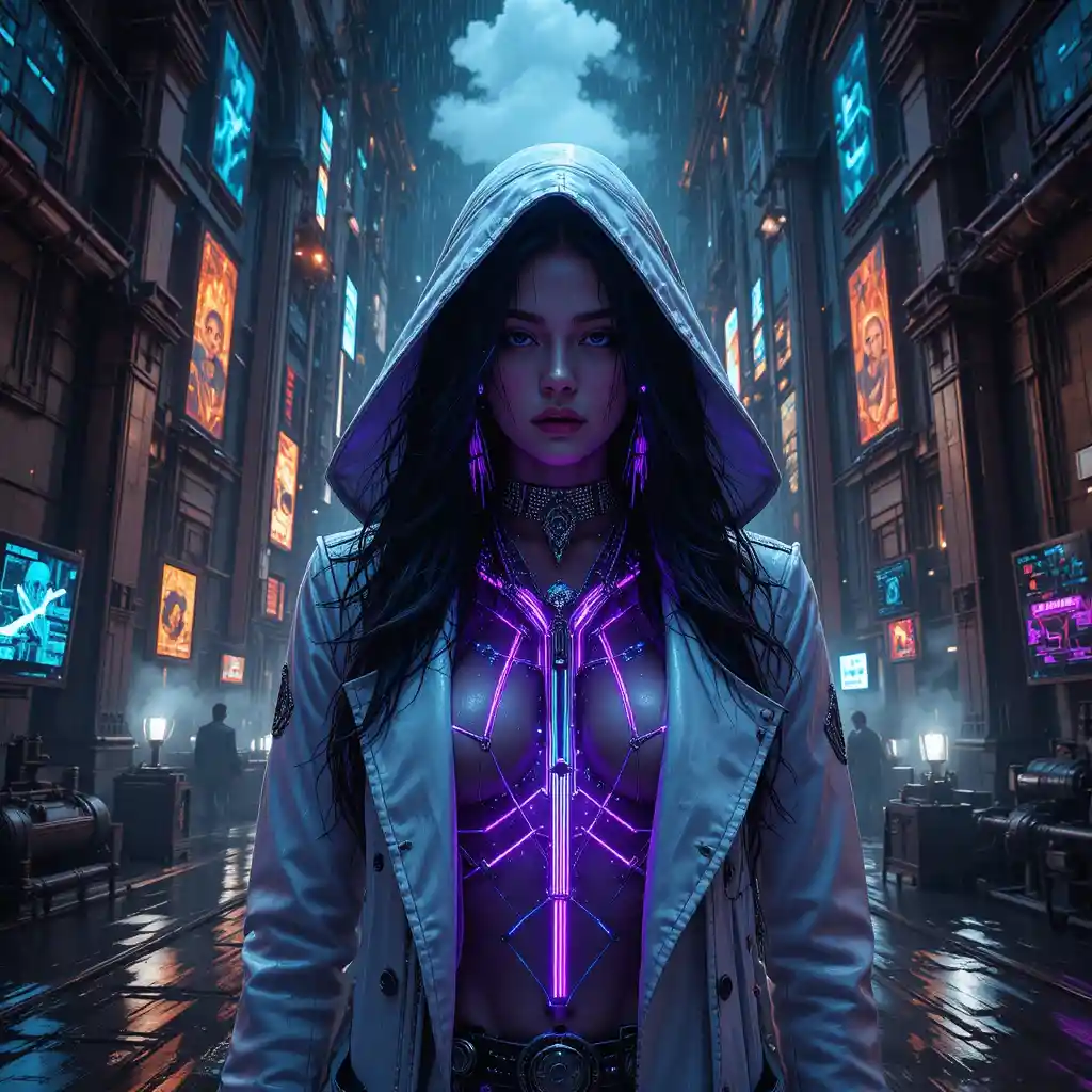 Cyberpunk Outlaw Woman In Neon Reactor Cathedral