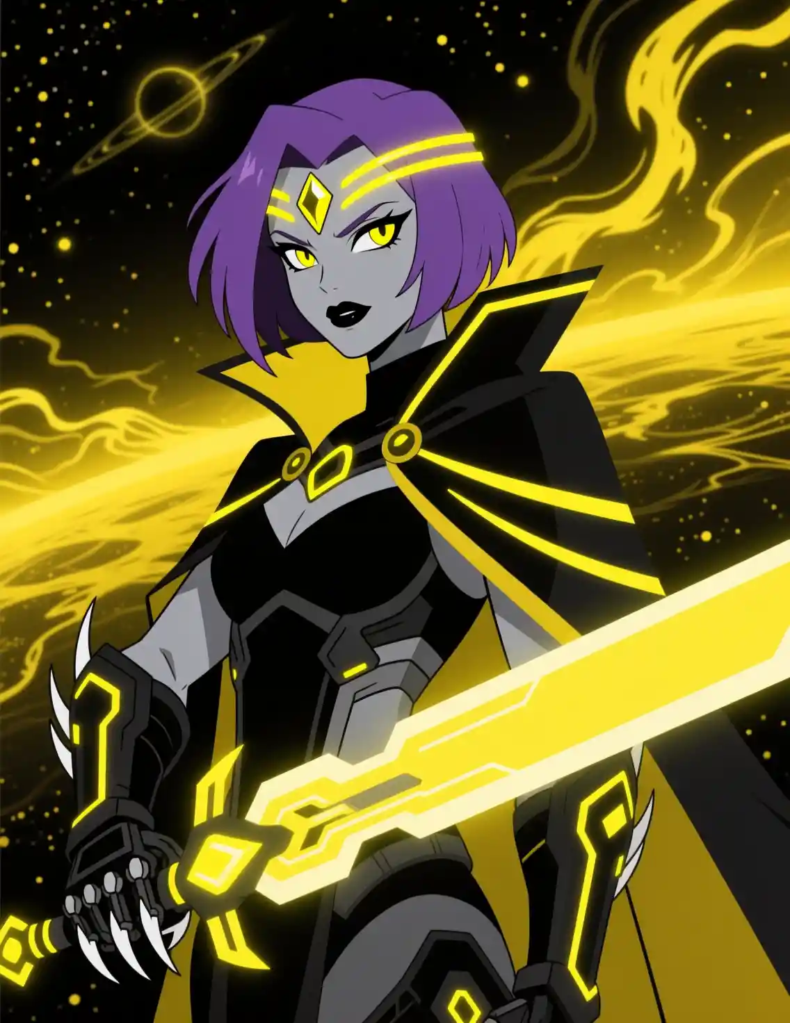 Futuristic Anime Sorceress In Black Armor With Neon Blade