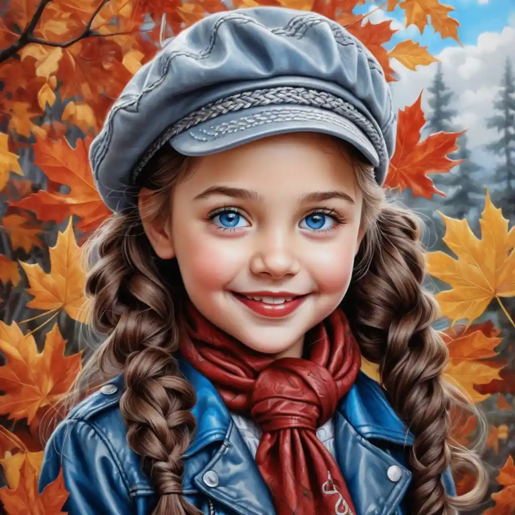 Smiling autumn girl with braid in colored pencil style