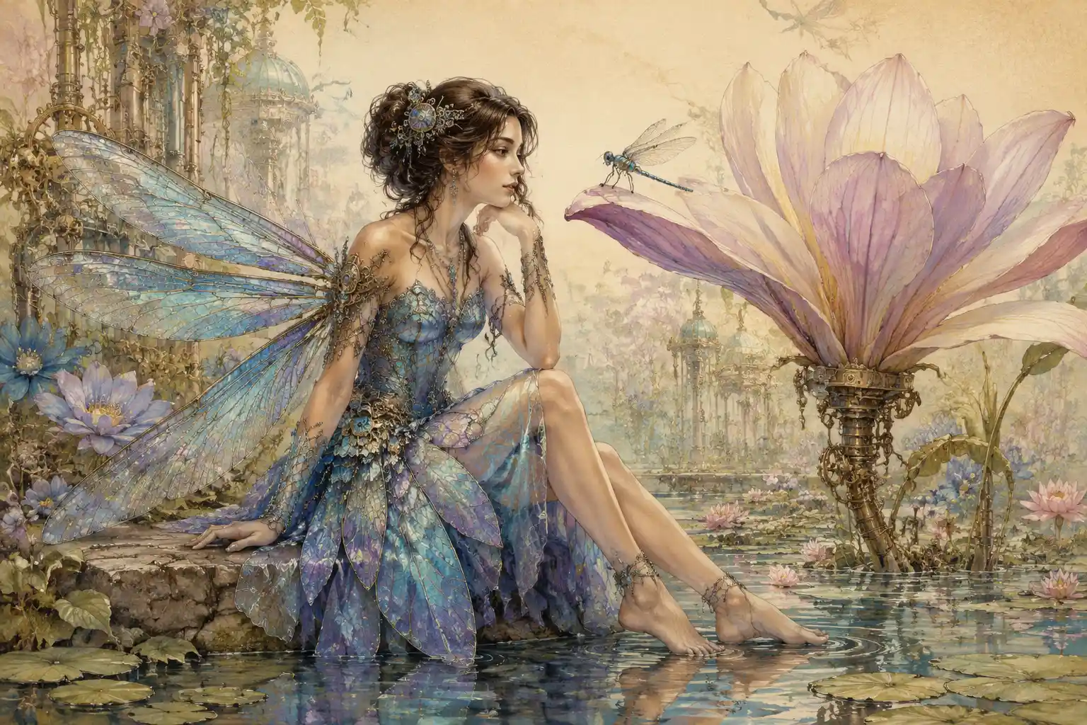 Whimsical girl with dragonfly wings in a flowerpunk pond