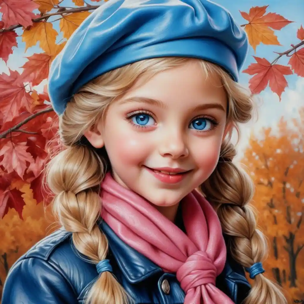 Smiling blonde girl in autumn with pink beret and braid