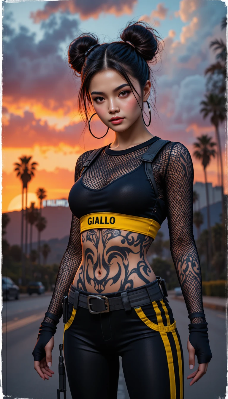 Donna tatuata sicura di sé in outfit sportivo al tramonto