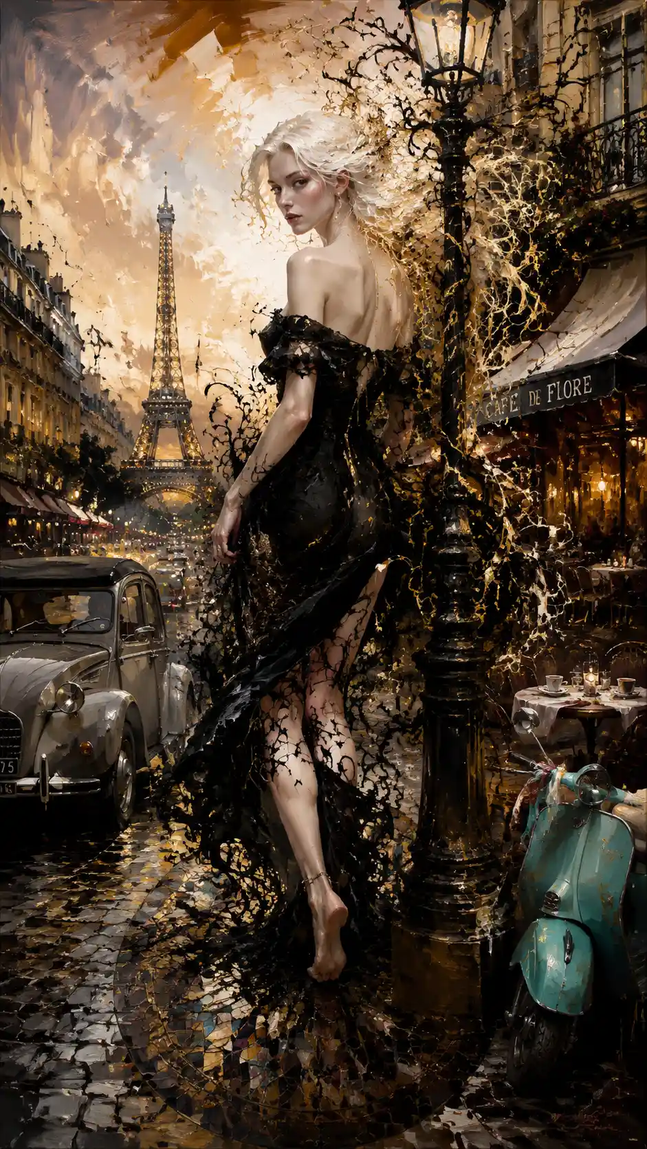 Surreal woman walking on a twilight Parisian cobblestone street