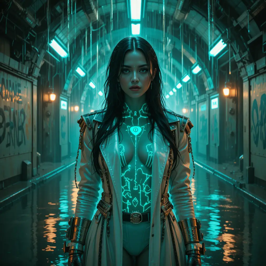 Reina forajida cyberpunk en un santuario subterráneo de metro resplandeciente