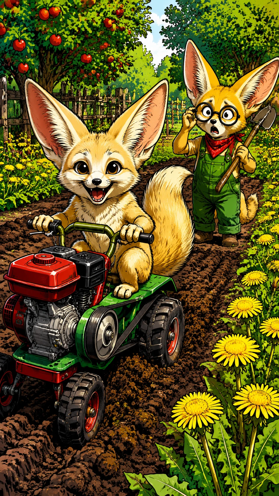 Anthropomorphic Fox Riding A Garden Motorbike With Friend