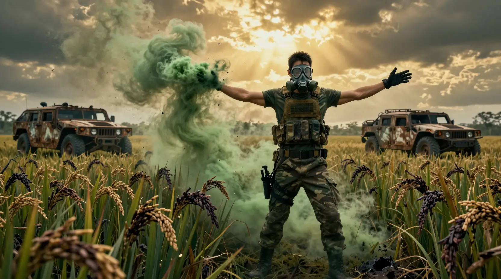 Warrior unleashing toxic storm over withered rice field