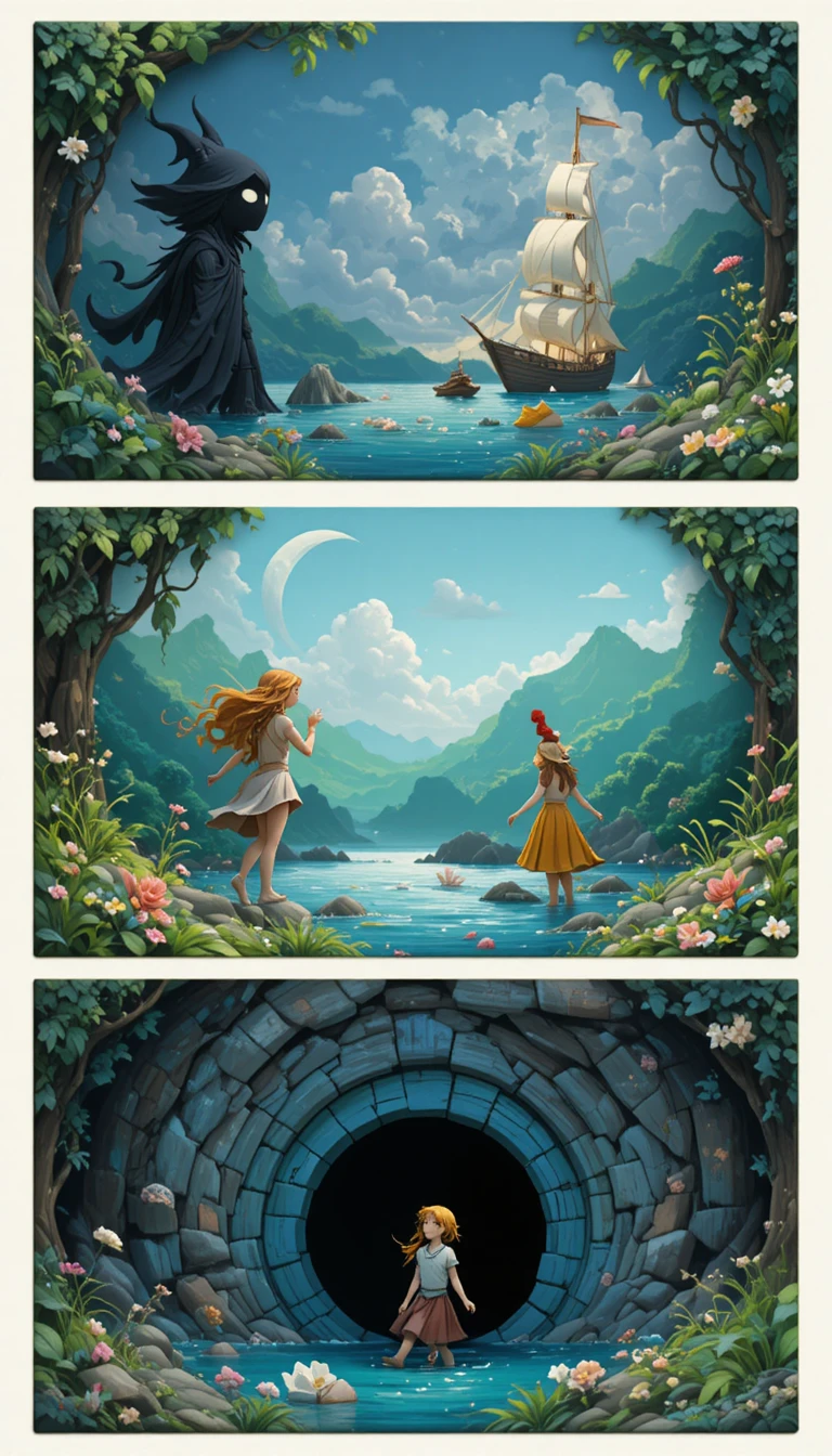 Child exploring a mysterious fantasy world in clay illustration