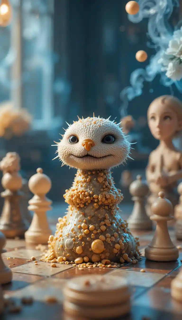 Furry textured chess pieces with hats on the board