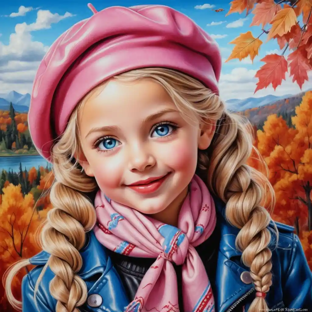 Smiling blonde girl in pink beret autumn portrait illustration