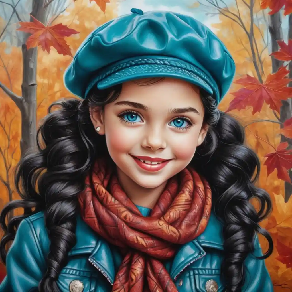 Smiling girl in teal beret on a crisp autumn day