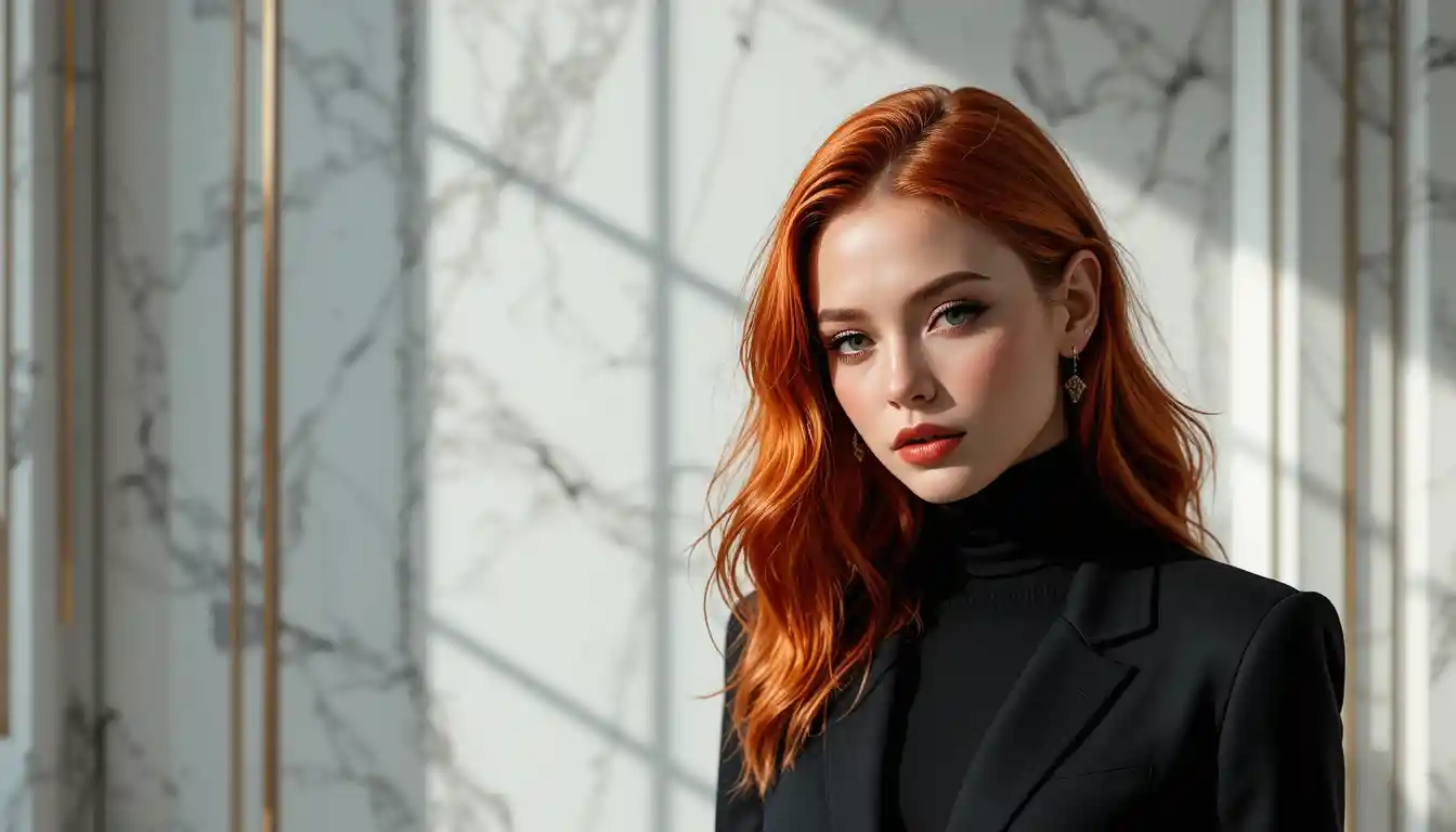 Glamorous red haired fashion woman in elegant studio scene