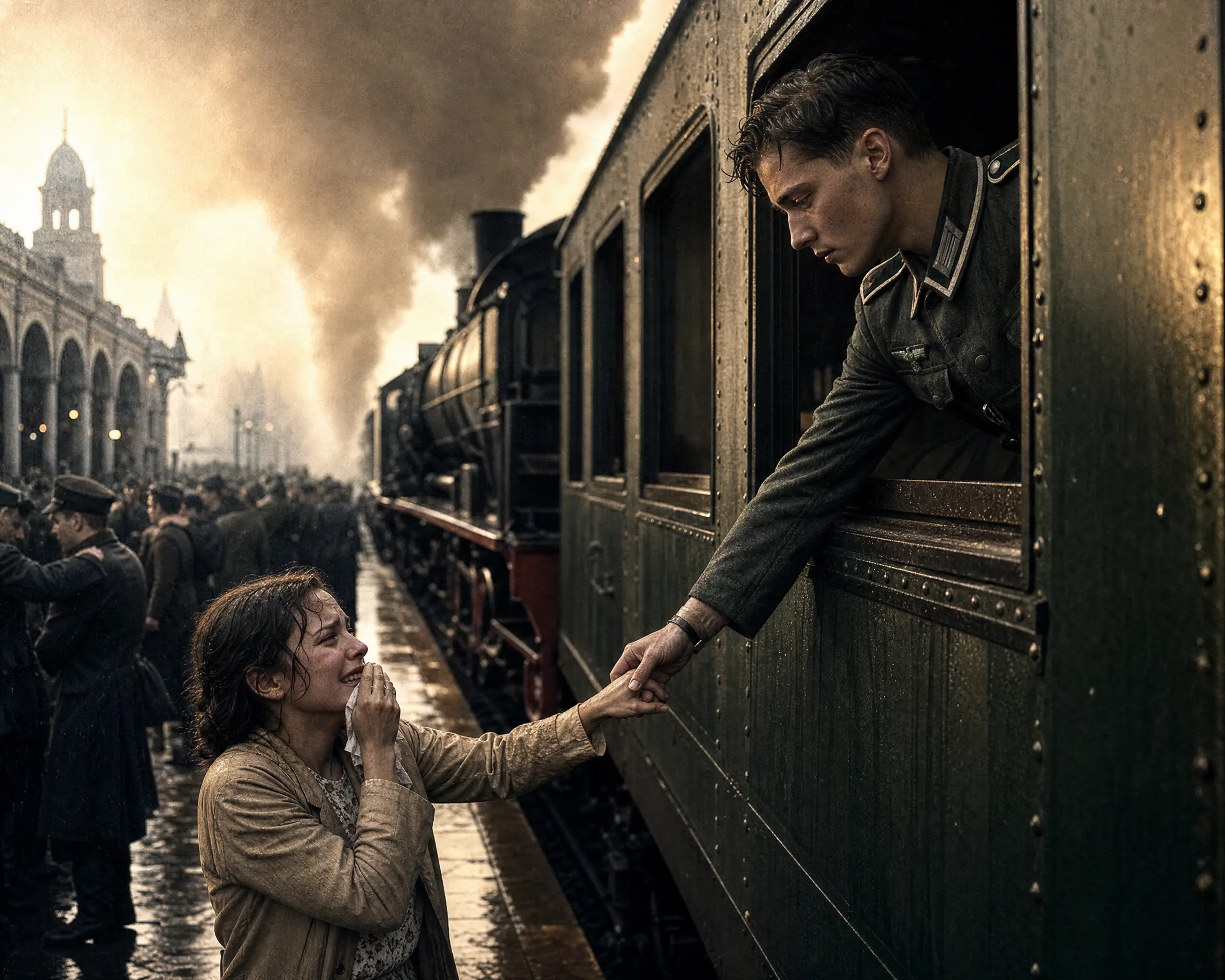 Wartime farewell at a European train station window